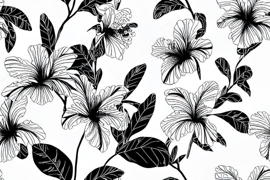 Hawaiian watercolor pattern. Black and white floral tropical seamless print. Hibiscus and oleander in Hawaii. Aloha swimwear design. Exotic bouquet fashion illustration. Watercolour horizontal tile.