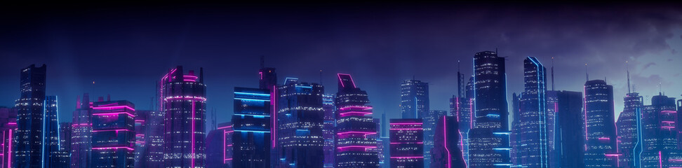 Cyberpunk Cityscape with Blue and Pink Neon lights. Night scene with Futuristic Superstructures.