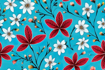 Floral watercolor seamless pattern from red blue, green, turquoise flowers and leaves on a black background for fabric, clothes. Ethnic design