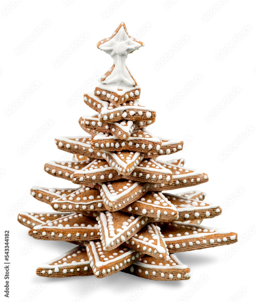 Poster Volume gingerbread cookie made in the shape of a Christmas tree (fir-tree) with star isolated on the white