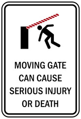 Parking lot garage sign and label beware of gate