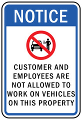 parking lot garage sign and label no auto repair allowed