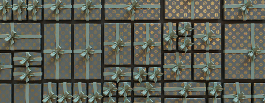 Seasonal Background with Christmas Presents Precisely arranged in a Grid. Trendy Turquoise and Gold banner.