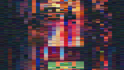 Horizontal distortion of a broken video image on black background, VHS effect, glitch digital color pixel noise. Stock image of abstract pixel background glitch texture. Color digital noise, VHS corru