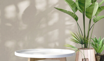 White wooden round side table with tropical plant and beautiful sun light and leaf shadow on white...