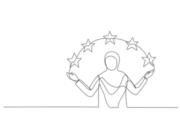Illustration of muslim woman points to the stars. Metaphor for good customer review. Single continuous line art