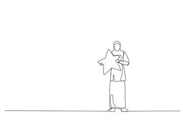 Drawing of muslim woman hugging big star. Metaphor for good review. Continuous line art style