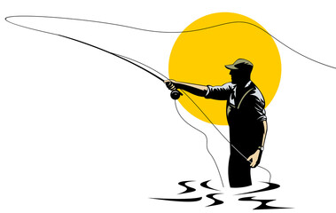 illustration of a fly fisherman casting rod and reel done in retro style