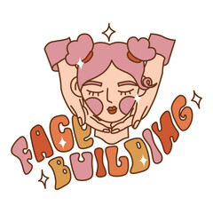 Modeling and rejuvenating facial massage. Beauty procedure in retro style 60s. Girl makes face care. Cosmetology concept with yang woman. Flat style in vector illustration.