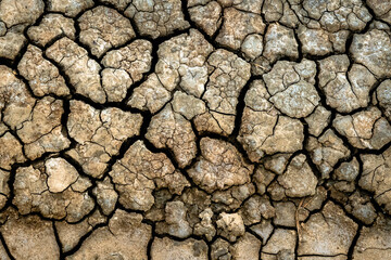Dry soil surface with deep cracks textured background. Dried and cracked soil. Climate change. Desertification. Cracked earth, Texture of grungy Dry cracking parched earth. Global warming effect.