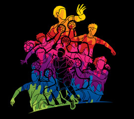 Group of Handball Sport Male Players Action Cartoon Graphic Vector