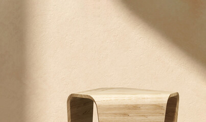 Wood geometry design side table and beautiful sun light and shadow on beige cement wall for luxury...