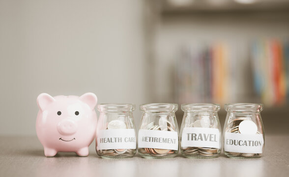 Message On Paper And Coins In Glass Jar, Piggy Bank, All On The Table, Concept Of Saving Money Financial Growth Preparation After Retirement Managing Savings For Future Goals, Creating Spending Habits