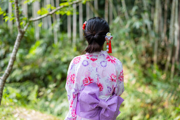 Rear view of woman wear yukata in the park