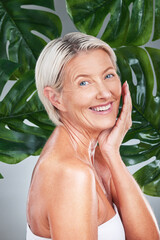 Skincare, spa and senior woman with leaf in studio, model for beauty, luxury and wellness....