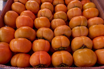Persimmons in boxes on the market. Ripe fruits lie in rows for sale in bulk. Selective focus.