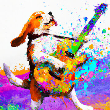 Beagle Dog Playing Guitar Splash Painting