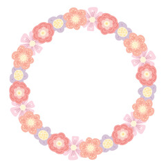 Vector floral gentle frame in pastel colors with space for text. Round wreath of delicate naive flowers and copy space.