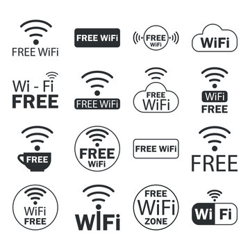 Free wifi icons set. Communication, free access to internet network.