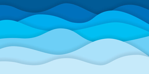 Blue papers gradient overlapping of pastel blue background. Panoramic layout. Sea ​​waves concept. Template for brochures, book cover, magazine, website, business card, advert, web. paper cut style.