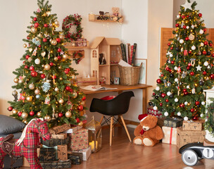 Winter holidays and vacations. Christmas and New Year decor background. Christmas tree and toys. Santa's Residence. Holiday apartment interior