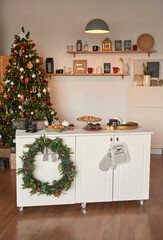 Kitchen christmas decor. Furniture and utensils. Christmas treat. New Year celebration. Winter holidays and vacations. Festive table
