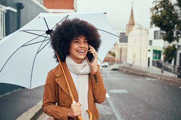 Phone call communication, rain and girl with umbrella talking, discussion or speaking about London...