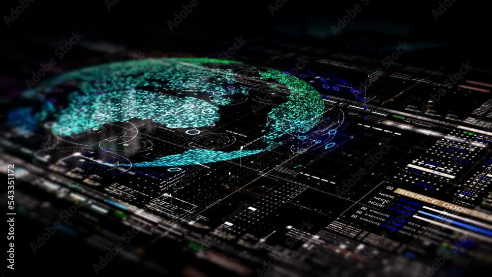 Poster Futuristic digitally generated holographic planet Earth in 360 degree rotation for head up display and user interface design