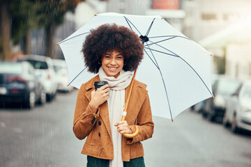 Black woman afro, umbrella and smile for city travel, tourism or love for rain in the street outdoors. Portrait of African American female smiling in happiness for rainy day preparation in the town - obrazy, fototapety, plakaty