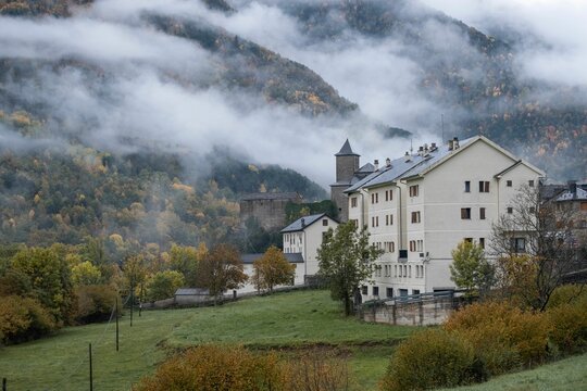 Torla village, the entrance to Ordesa y Monte Perdido National Park in the Pyrenees, Huesca, Spain