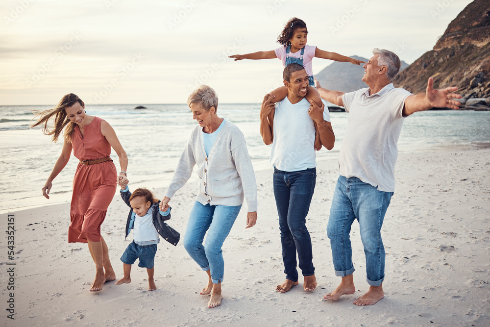 Poster Happy big family, vacation and beach walk for quality bonding time together in the outdoors. Mother, father and grandparents with children playing with smile in happiness for family trip by the ocean