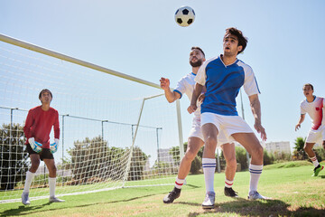 Soccer, sports and team playing game on an outdoor field for exercise, training and workout....