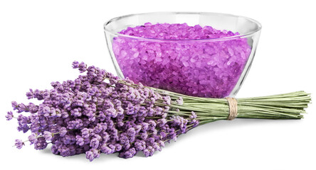 Obraz na płótnie Canvas Lavender flowers and salt isolated on white background