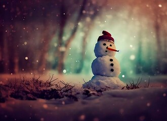 Obraz premium Weihnachtlicher Schneemann im Wald, made by AI, künstliche Intelligenz