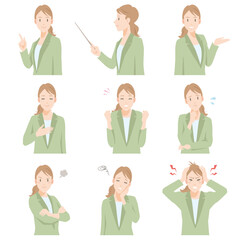 Various expressions of young businesswoman on white background. Flat vector illustration isolated on white background.
