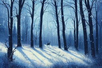 Obraz premium Noble deer male in winter snow forest. Artistic winter christmas landscape.