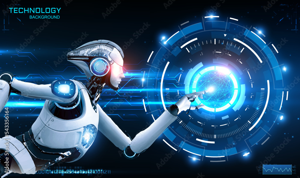 Poster 3d rendering futuristic robot touching on big data network connection, science and artificial intell