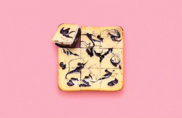 Cheesecake brownie above view isolated on a pink background