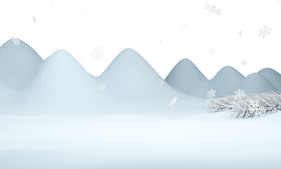 Snowy Mountains Background With Snowflakes, Fir Leaves And Copy Space.