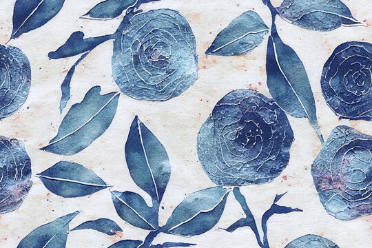 Organic neutral textures, Watercolour collage print goblen rose floral and newspaper textured folk pattern. Organic textile. Japanese natural texture. Indigo batik.