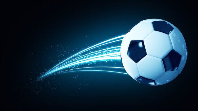 Soccer ball speed fast magic effect in blue flames and lights black background