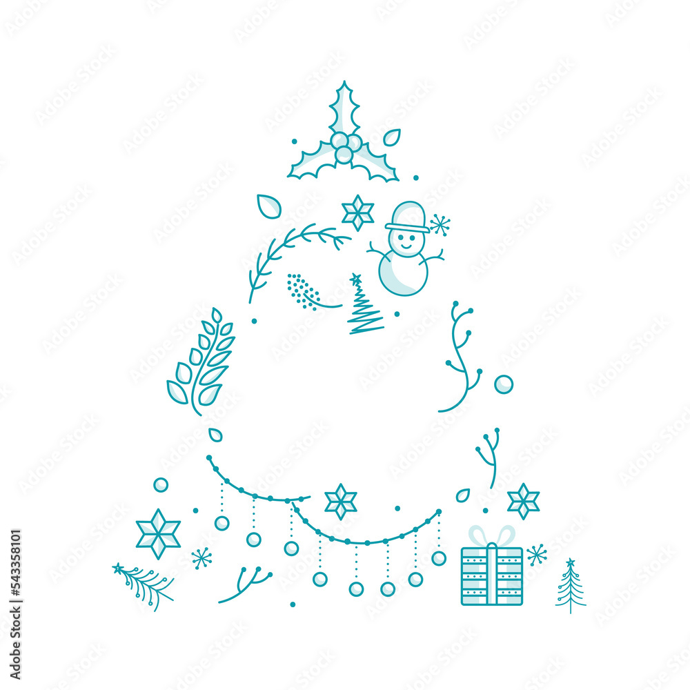 Sticker Doodle Christmas Tree Made By Festival Elements And Copy Space Against Background.