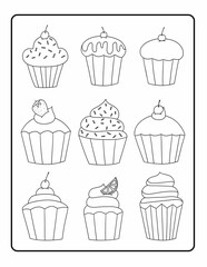 Group of Nine Cute Cupcake Coloring Page