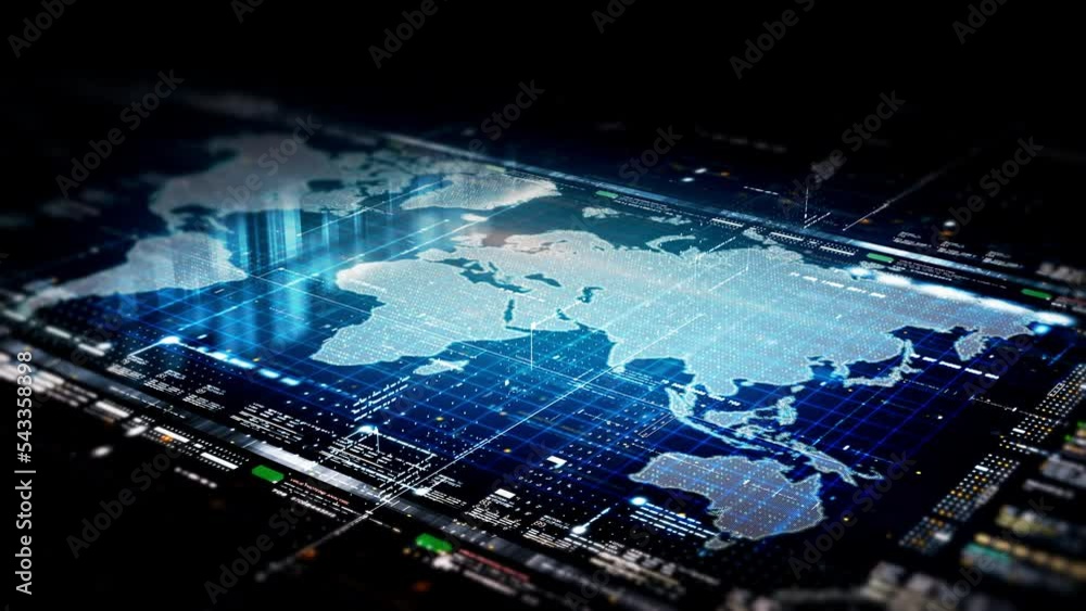Poster Futuristic motion graphic user interface head up display screen with Holographic Earth continents and digital data telemetry information display for digital background computer desktop display screen