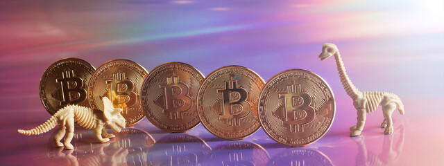 Golden bitcoin coins with dinosaurs on neon background. digital currency, business style. Mining...