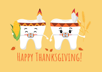 Thanksgiving tooth in braces in indian feather headband with corn and wheat ear in hand. White teeth in native american carnival costume dental character. Flat design cartoon vector illustration.