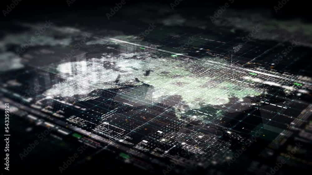 Poster Futuristic motion graphic user interface head up display screen with Holographic Earth continents and digital data telemetry information display for digital background computer desktop display screen