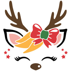 Fototapeta premium Cute deer face Illustration cutout png for Christmas. Deer eyes, horns and nose. Reindeer with decorative Christmas bow. Cute holiday reindeer face PNG.