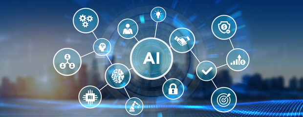 Artificial intelligence (AI), machine learning and modern computer technologies concepts. Business, Technology, Internet and network concept.  3d illustration