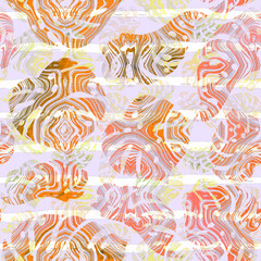 Abstract Seamless Tropical Pattern. Palm Leaves and Stripes Background.  Monstera Illustration with Marble Design. Hawaiian Print for Wrapping.   Jungle Repeated Ornament with Monstera and Lines.